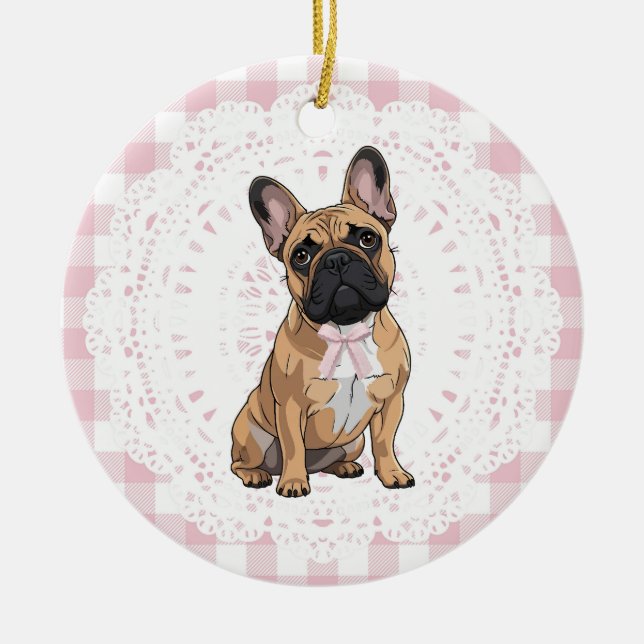 Coquette French Bulldog Dog Art Pink Gingham Bows Keramik Ornament (Vorne)