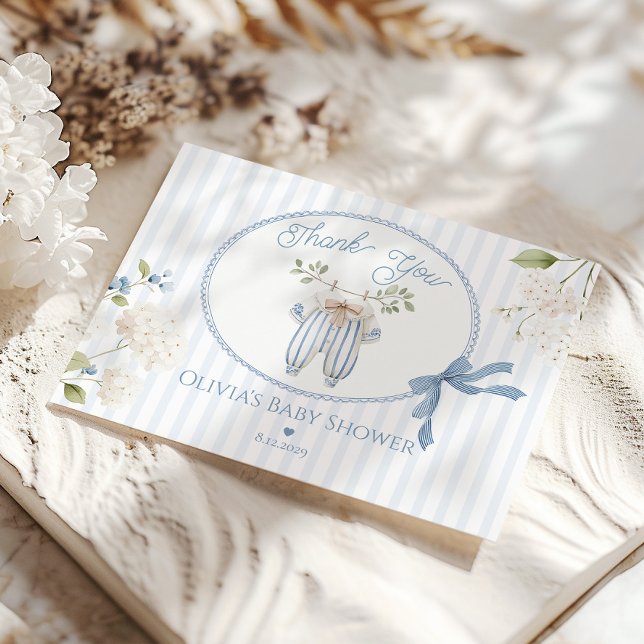 Coquette French Clothesline Baby Boy Shower Dankeskarte (Von Creator hochgeladen)