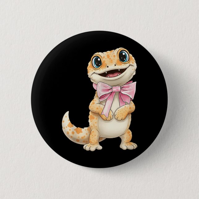 Coquette Gecko mit rosa Schleife Lustige Mädchen Button (Vorderseite)