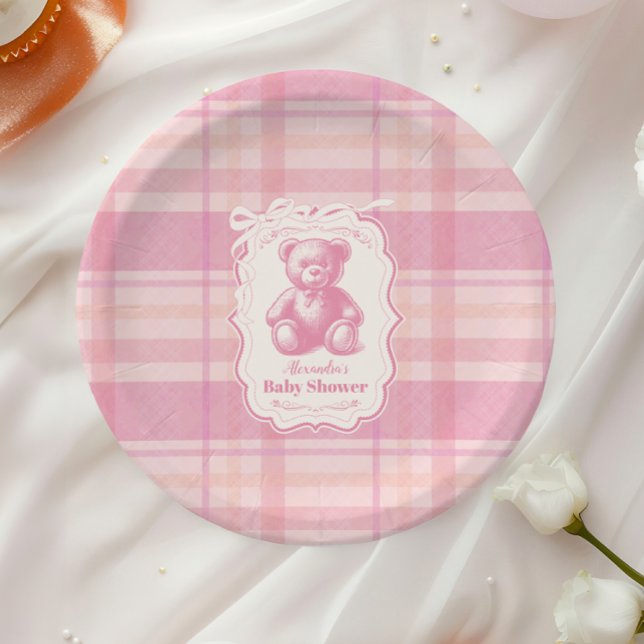 Coquette Gingham French Teddy Bear Baby Shower Pappteller (Von Creator hochgeladen)