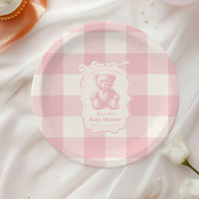 Coquette Gingham French Teddy Bear Baby Shower Pappteller (Von Creator hochgeladen)