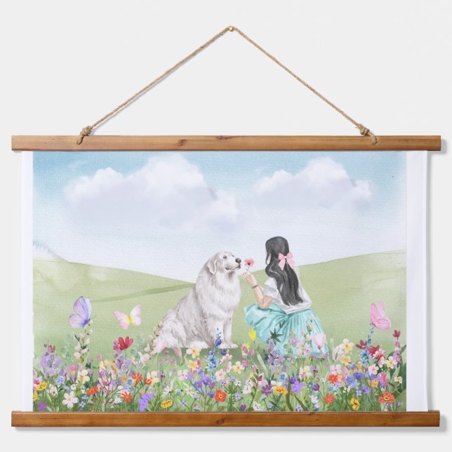 Coquette Girl and Dog Spring Meadow Tapestes Wandteppich Mit Holzrahmen (Vorne)