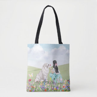 Coquette Girl and Dog Spring Meadow Tote Bag