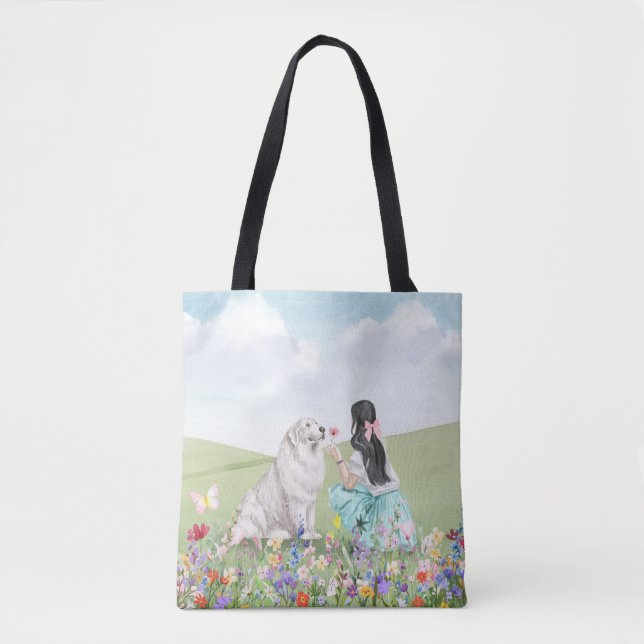 Coquette Girl and Dog Spring Meadow Tote Bag (Vorderseite)