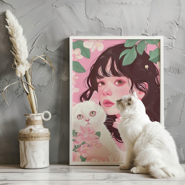 Coquette Girl with White Cat Pink Preppy Art Print Poster (Von Creator hochgeladen)