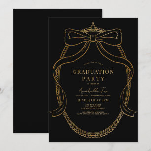 Coquette Gold Bow Ribbon Black Graduation Party Einladung