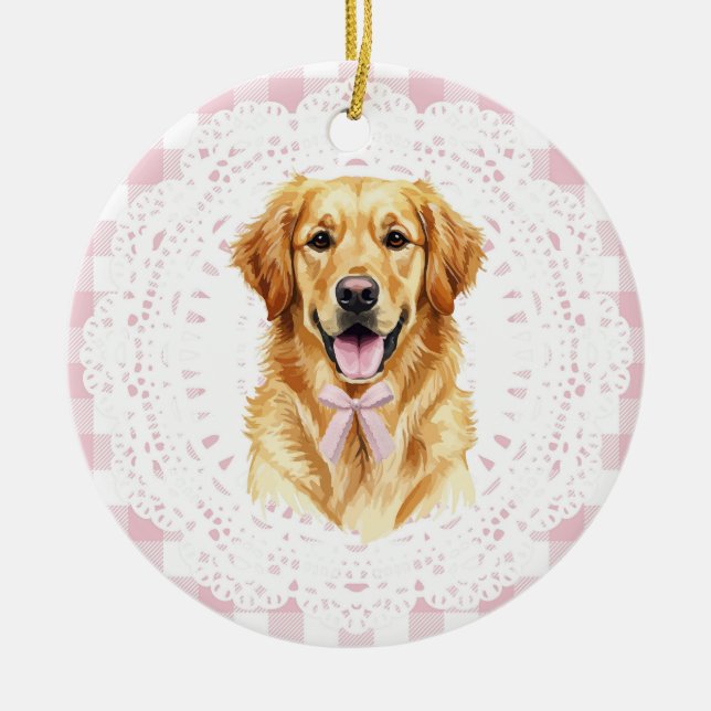 Coquette Golden Retriever Dog Pink Gingham Bows Keramik Ornament (Vorne)