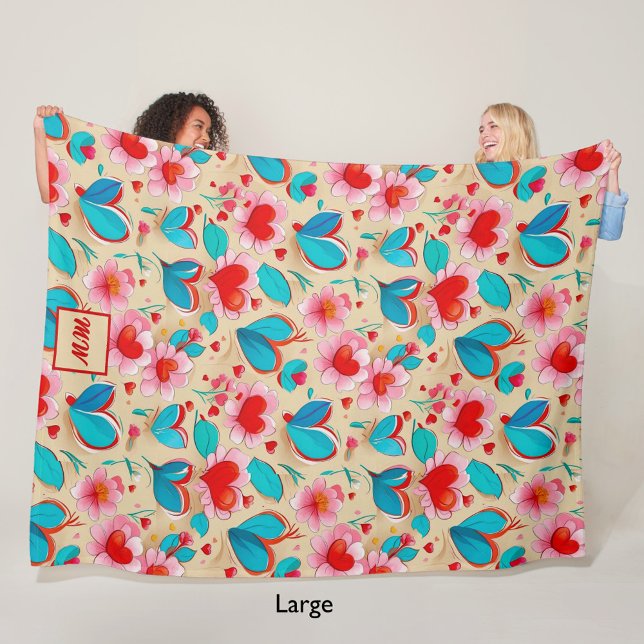Coquette Herz und Blume Creme Monogramm Fleecedecke (Von Creator hochgeladen)
