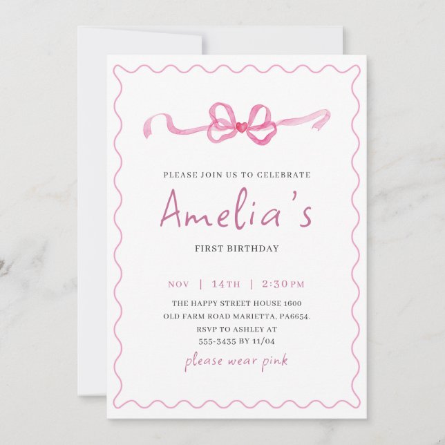 Coquette Invitation for Birthday Girl Bow Party  Einladung (Vorderseite)