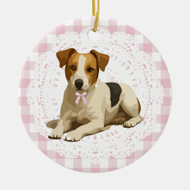 Coquette Jack Russel Terrier Dog Pink Gingham Bows Keramik Ornament (Vorne)