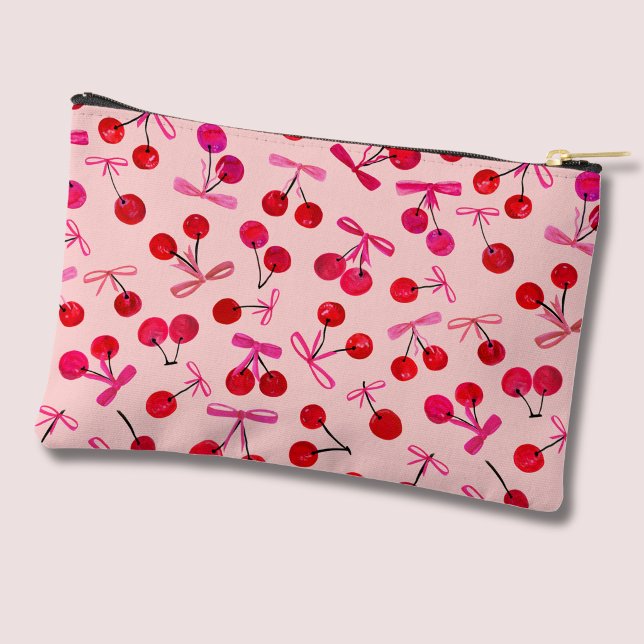 Coquette Kirsche & Rosa Schleife Muster Zubehörtasche (Coquette Cherry and pink ribbon bows patterned cosmetic pouch)