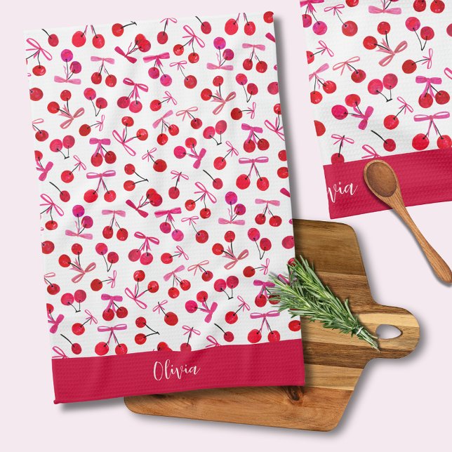 Coquette Kirsche & Schleifenmuster Geschirrtuch (Coquette cherry and bow girly pattern kitchen towel. Personalize with your own name or initials.)
