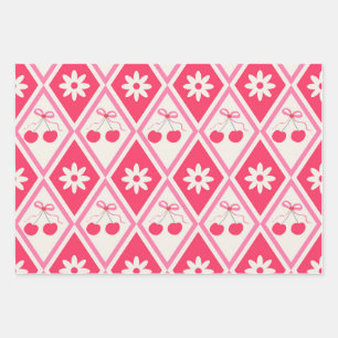 Coquette-Kirschen und rosa Schleifen auf roten Dia Geschenkpapier Set