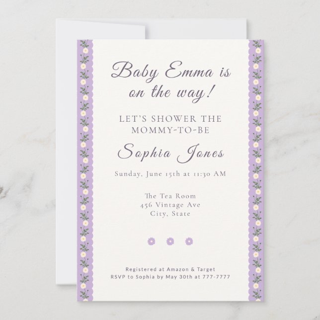 Coquette Lavender Scallop Floral Einladung (Vorderseite)