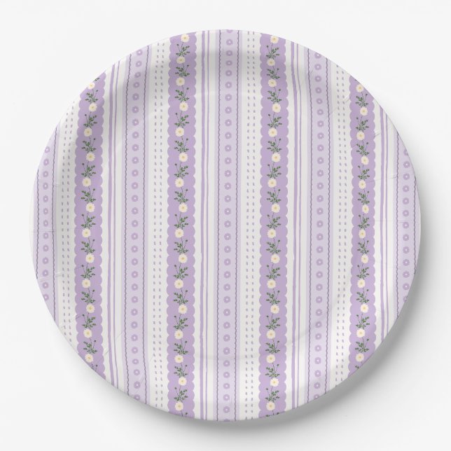 Coquette Lavender Scallop Floral Stripe Pappteller (Vorderseite)