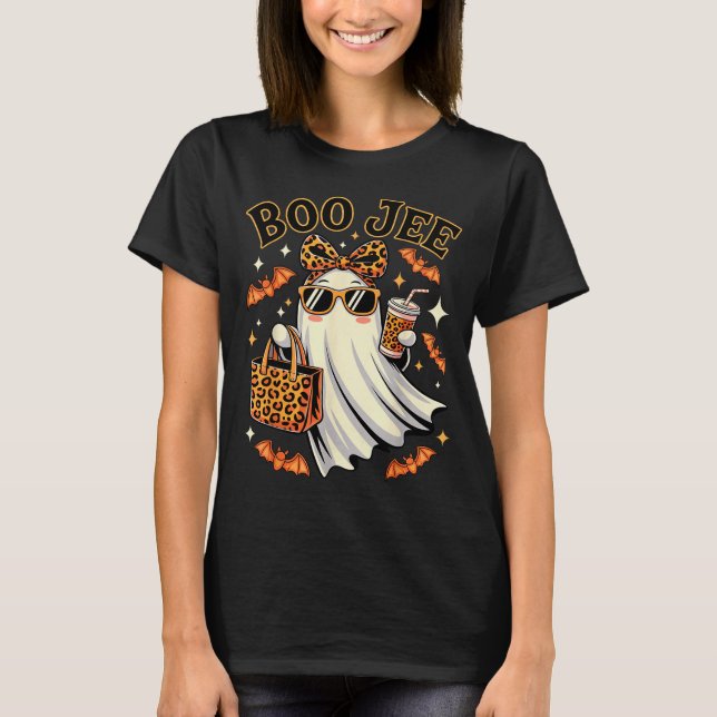 Coquette Leopard Ghost Coffee Boo Jee Halloween Bo T-Shirt (Vorderseite)