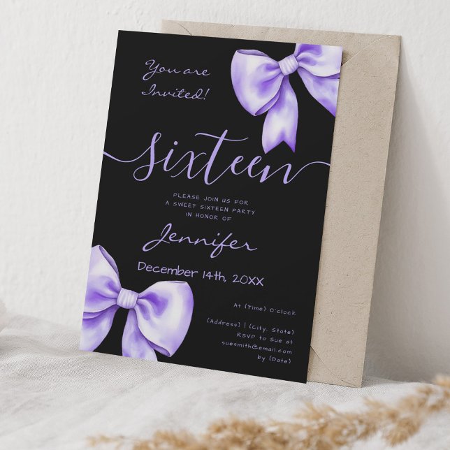 Coquette Lila Lavender Bow Sweet 16 Party Schwarz Einladung (Coquette Purple Lavender Bow Sweet 16 Party Black Invitation)