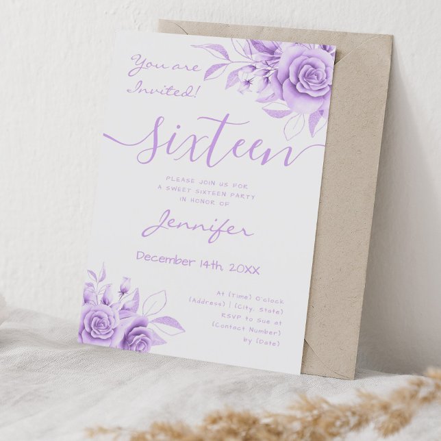 Coquette Lila Sweet 16 Blumengläsern Einladung (Coquette Purple Sweet 16 Floral Glam Invitation)