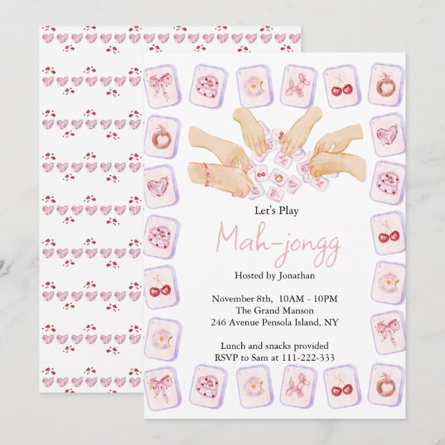 Coquette Mahjong Party Einladung (Vorne/Hinten)