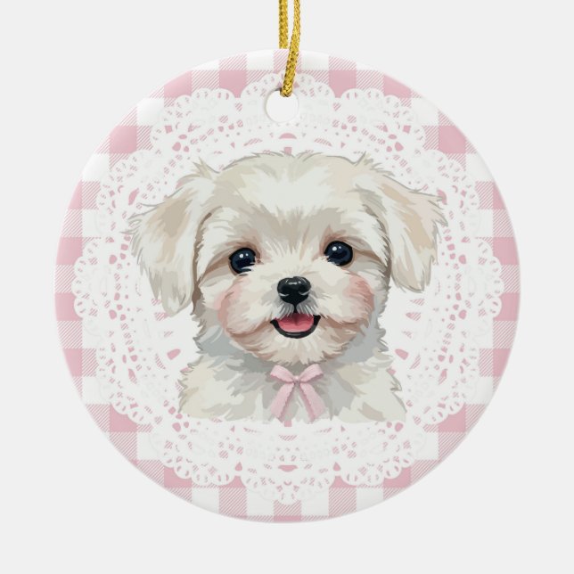 Coquette Maltese Dog Pink Gingham Bows Keramik Ornament (Vorne)