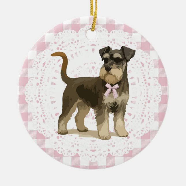 Coquette Miniature Schnauzer Dog Pink Gingham Bows Keramik Ornament (Vorne)