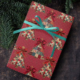 Coquette patchwork christmas trees red polka dots geschenkpapier