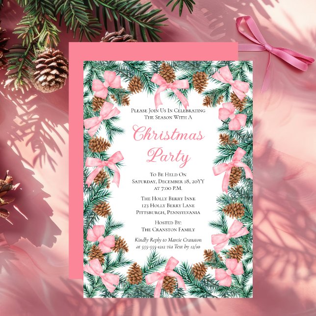 Coquette Pine Boughs and Bows Weihnachtsfest Party Einladung (Elegant Coquette Style Pink Bows and Evergreen Pine Greenery Christmas Party Invitation)
