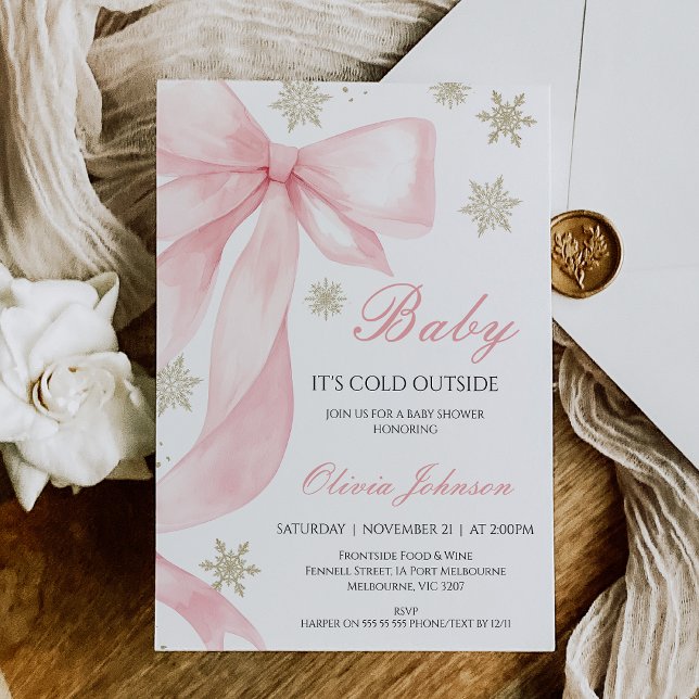 Coquette Pink Bow Baby Es ist kalte Babydusche Einladung (Baby it's Cold Outside Baby Shower Invitation Girls Pink Bow Snowflakes, Winter Baby Shower Invite)