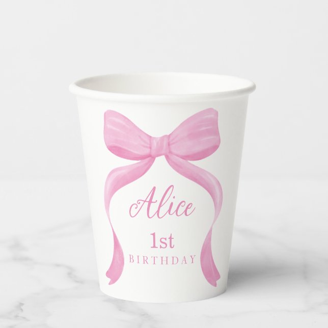 Coquette Pink Bow First Birthday Paper Cups Pappbecher (Vorderseite)