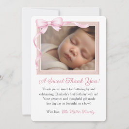 Coquette Pink Bow First Birthday Photo Invitation Dankeskarte