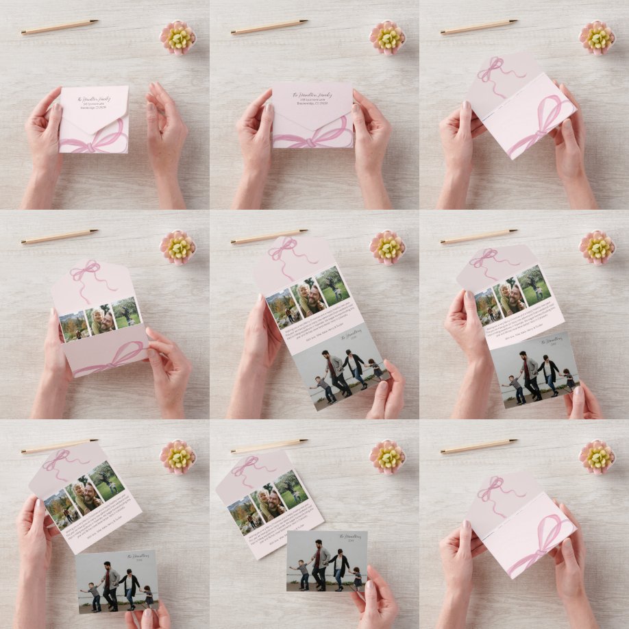 Coquette Pink Bow Foto Dreifach Alle in einer Kart All In One Einladung