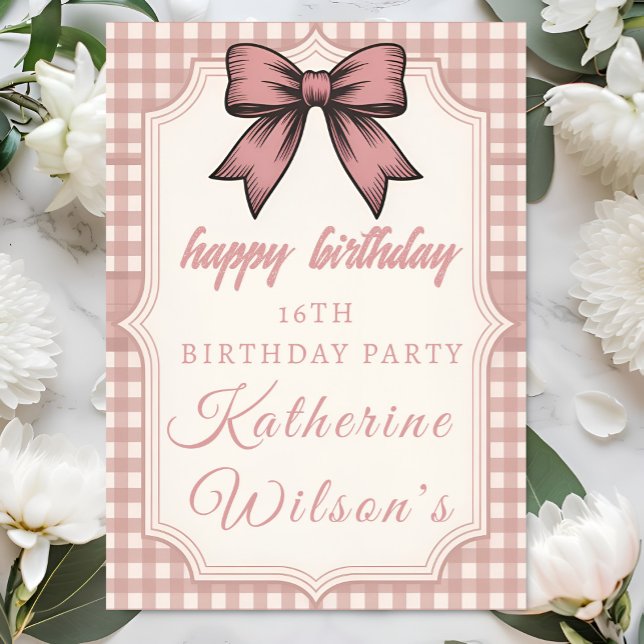 Coquette Pink Bow & Gingham Sweet 16  Karte (Von Creator hochgeladen)
