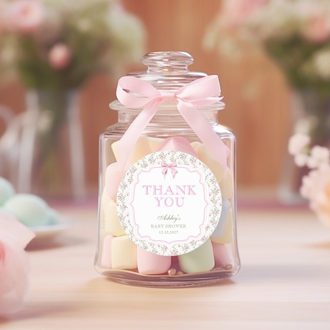 Coquette Pink Bow Girl Babydusche Danke Runder Aufkleber (Von Creator hochgeladen)