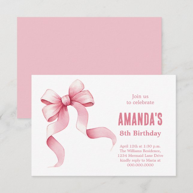 Coquette Pink Bow Girl Birthday Einladung (Vorne/Hinten)