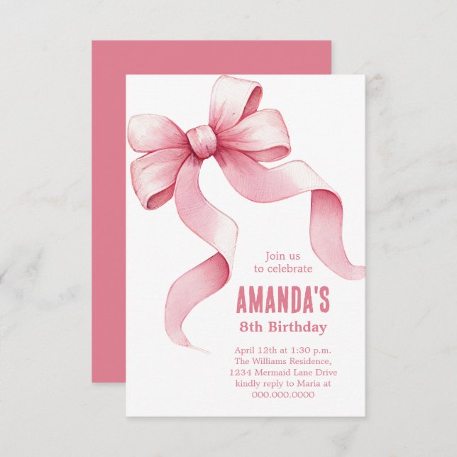 Coquette Pink Bow Girl Birthday Einladung (Vorne/Hinten)