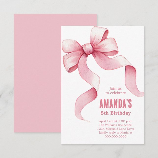 Coquette Pink Bow Girl Birthday Einladung (Vorne/Hinten)