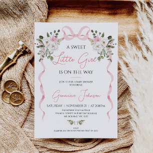 Coquette Pink Bow Girls Winter Floral Baby Dusche Einladung