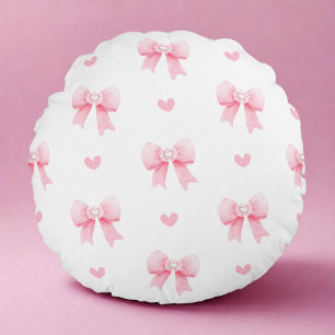 Coquette Pink Bow & Herz Rundes Kissen