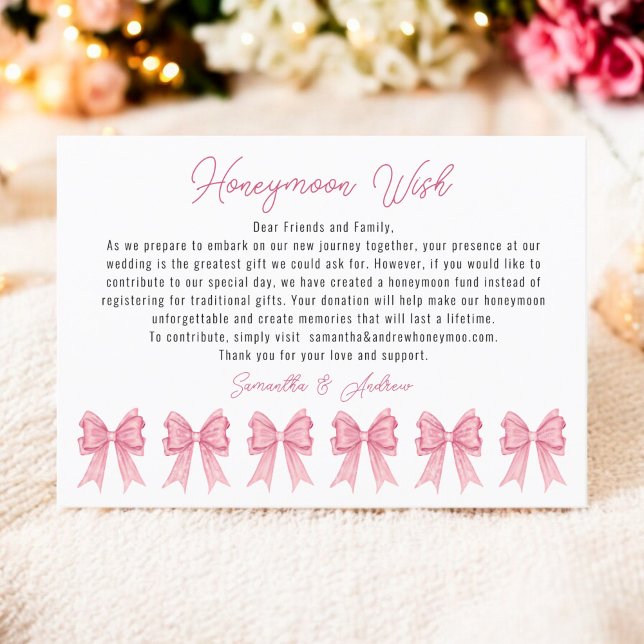 Coquette Pink Bow Honeymoon Wish Brautparty Begleitkarte (Coquette Pink Bow Honeymoon Wish Bridal Shower Enclosure Card)