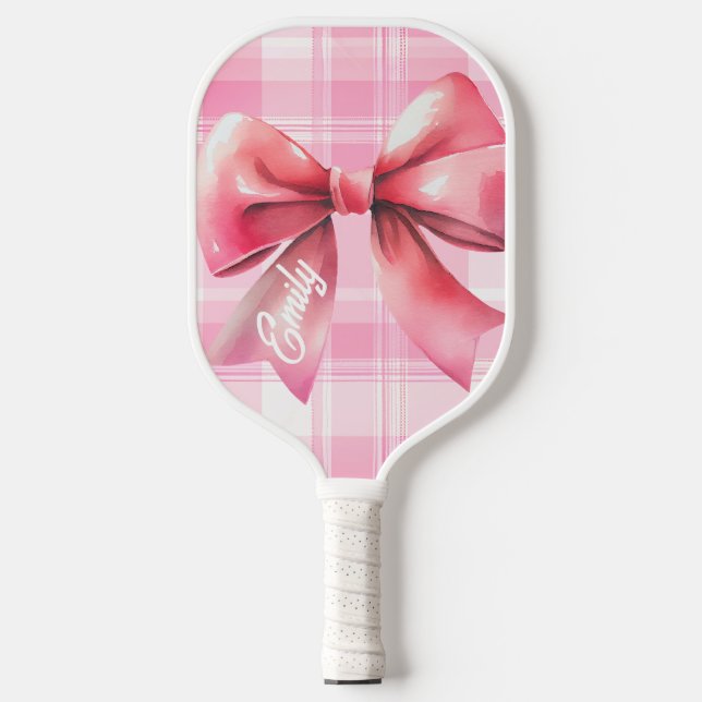 Coquette Pink Bow Karierter Name Pickleball Schläger (Vorderseite)