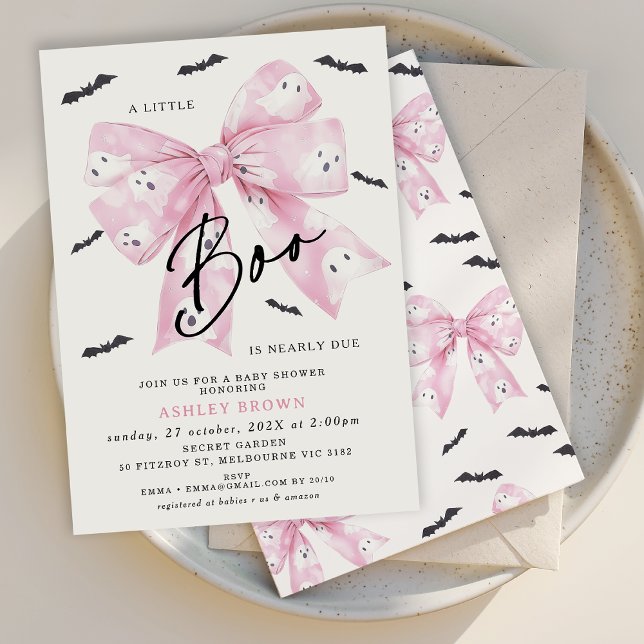 Coquette Pink Bow Little Boo Baby Dusche Einladung (Little Boo is Almost Due Baby Shower Invitation, Croquette Halloween Little Boo Baby Shower Invite)