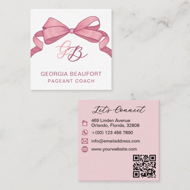 Coquette Pink Bow Monogram Schönheits-QR-Code Quadratische Visitenkarte (Vorne/Hinten)