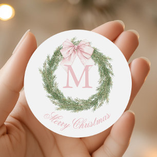 Coquette Pink Bow Monogram Wreath Weihnachten Runder Aufkleber