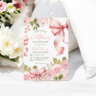 Coquette Pink Bow & Pastor Floral Erster Geburtsta Einladung