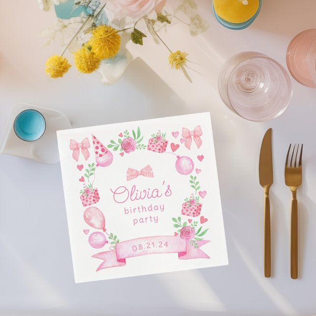 Coquette Pink Bow Preppy Girl Birthday Serviette (cute napkin for preppy pink coquette baby girl birthday parties)