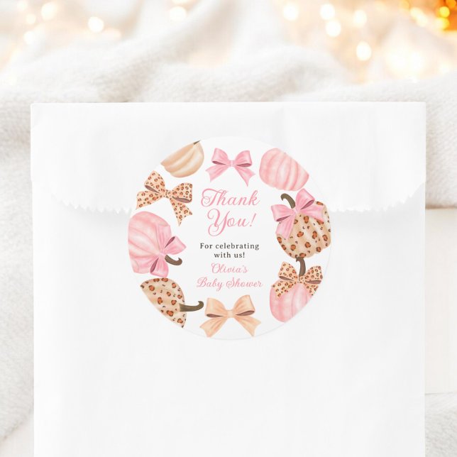 Coquette Pink Bow Pumpkin Baby Dusche Vielen Dank Runder Aufkleber (Coquette Pink Bow Pumpkin Baby Shower Thank You Classic Round Sticker)