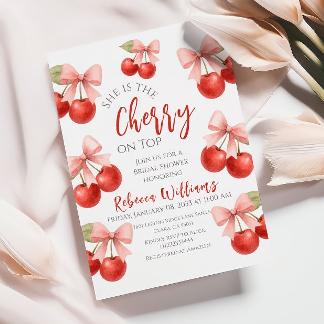 Coquette Pink Bow Red Cherry auf dem oberen Brautp Einladung (Von Creator hochgeladen)