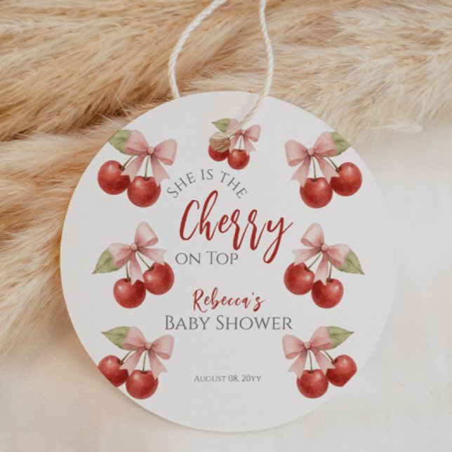 Coquette Pink Bow Red Cherry auf Top Baby Dusche Geschenkanhänger (Von Creator hochgeladen)