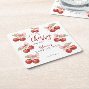 Coquette Pink Bow Red Cherry auf Top Baby Dusche Rechteckiger Pappuntersetzer