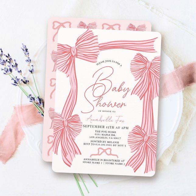 Coquette Pink Bow/Ribbon Girl Babydusche Einladung (Von Creator hochgeladen)